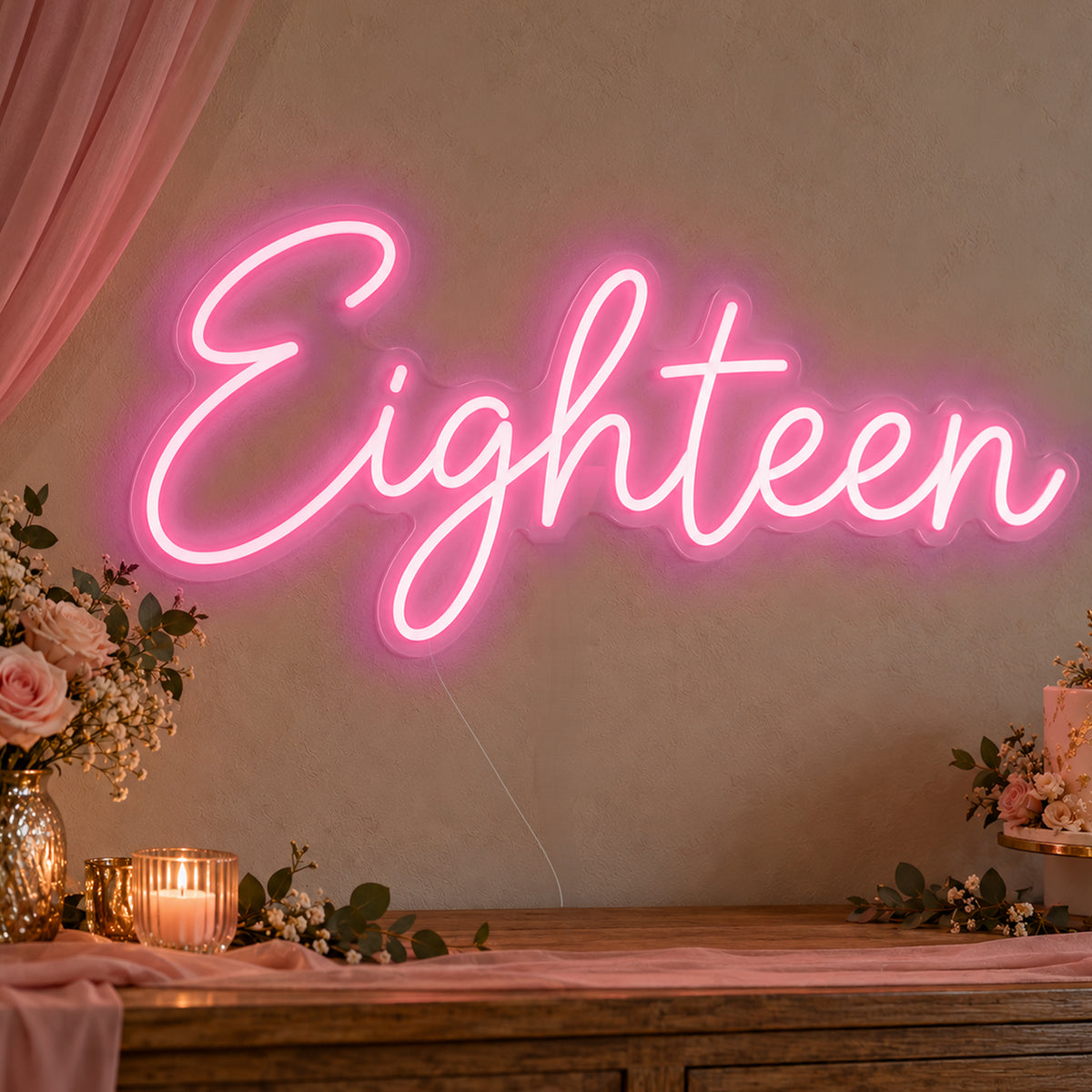Eighteen Neon Sign in rose red LED neon on clear acrylic, angled view