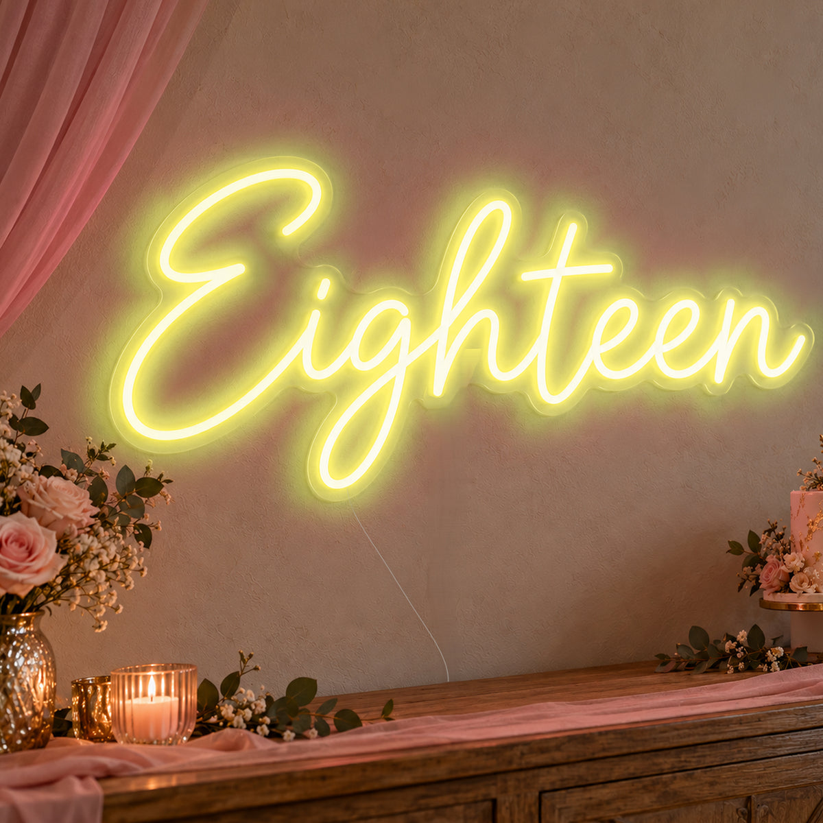 Eighteen Neon Sign in yellow LED neon on clear acrylic, angled view