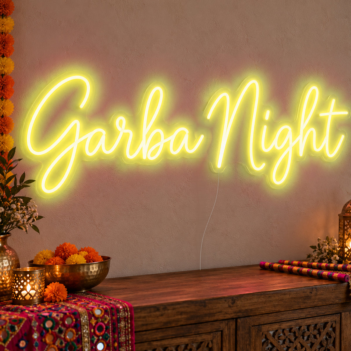 Garba Night Neon Sign in yellow LED neon on clear acrylic, angled view