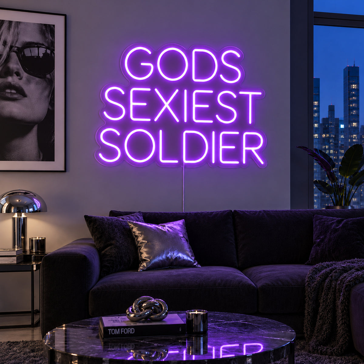 Gods Sexiest Soldier Neon Sign with purple lighting, displayed in rounded lettering above a dark sofa.