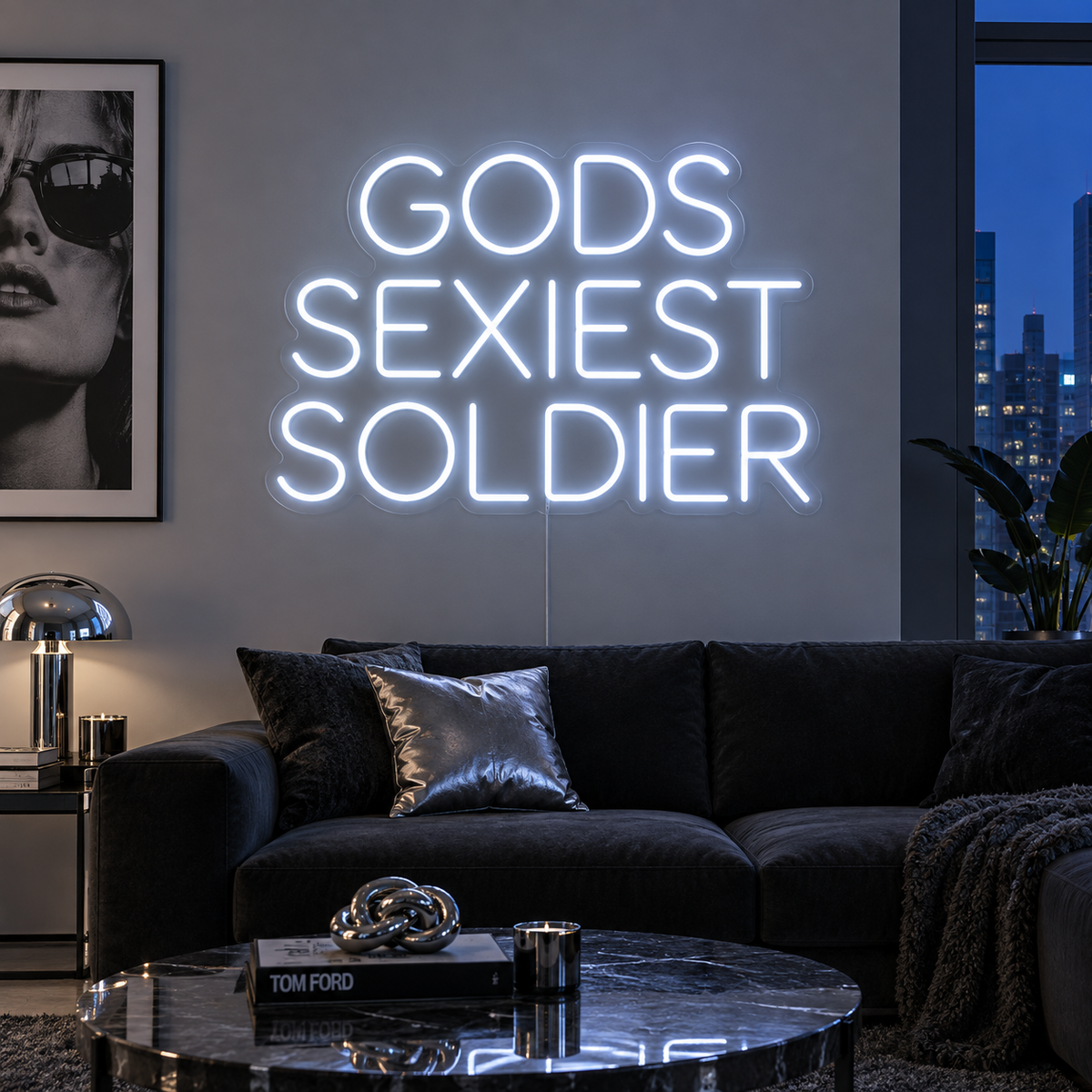 Gods Sexiest Soldier Neon Sign, RGB colour-changing option shown in white in rounded lettering above a dark sofa.