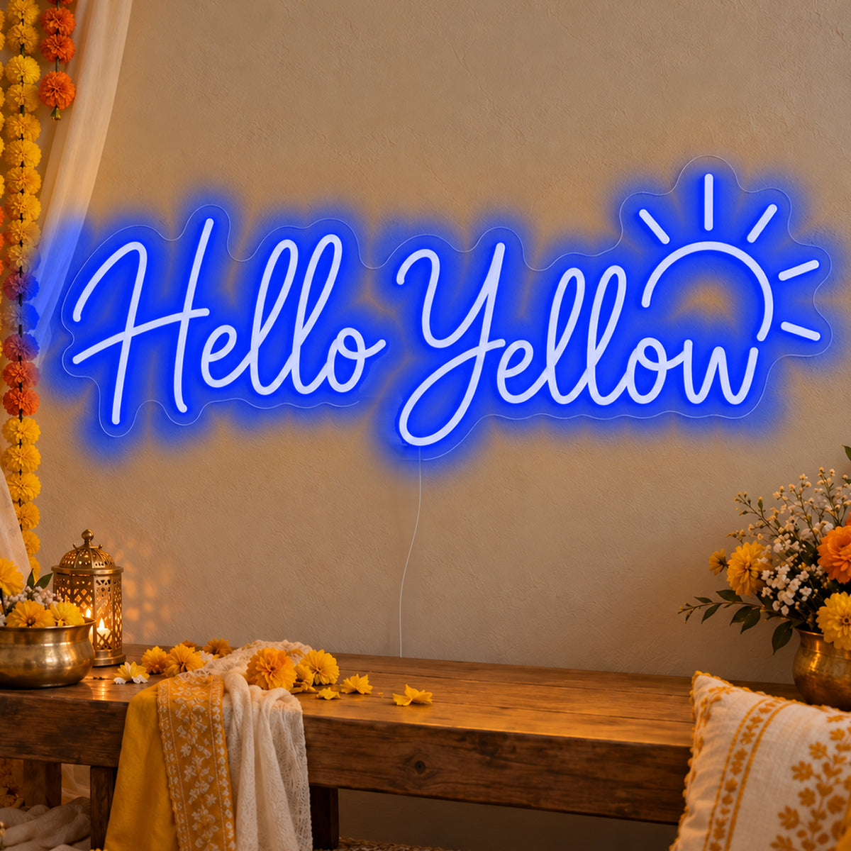 Hello Yellow Neon Sign in blue LED neon on clear acrylic, angled view