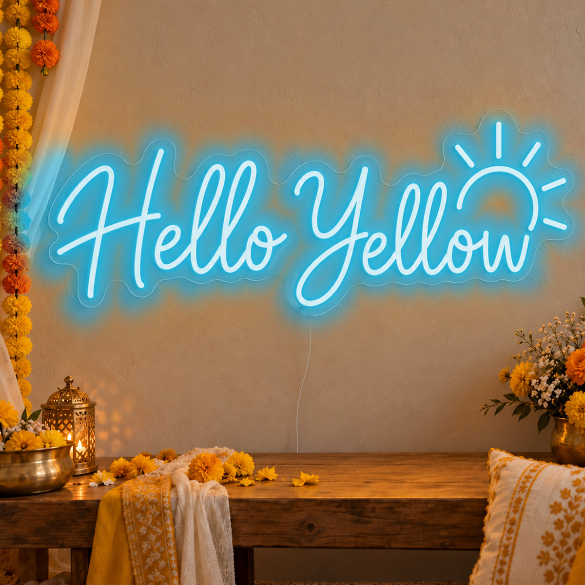 Hello Yellow Neon Sign in ice blue LED neon on clear acrylic, angled view