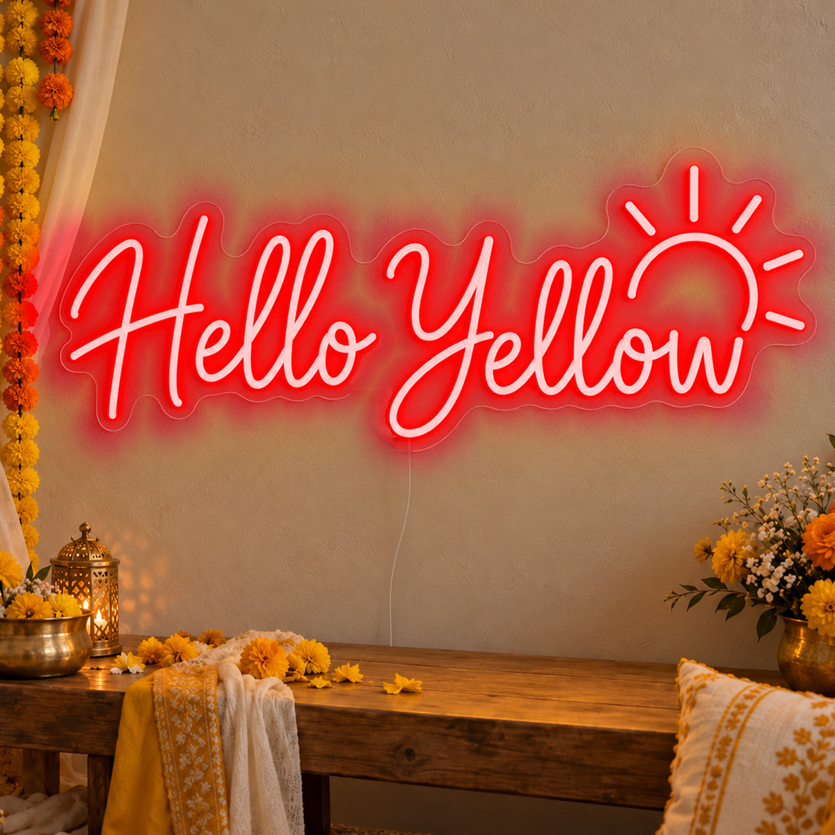 Hello Yellow Neon Sign in red LED neon on clear acrylic, angled view