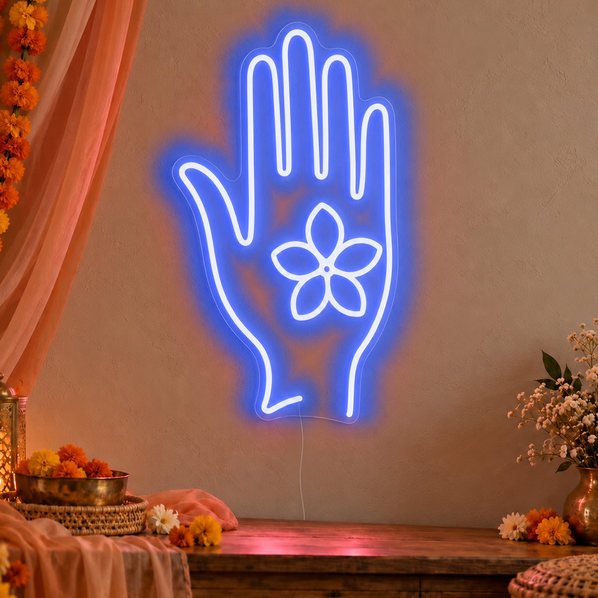 Henna Hand Neon Sign in blue LED neon on clear acrylic, angled view