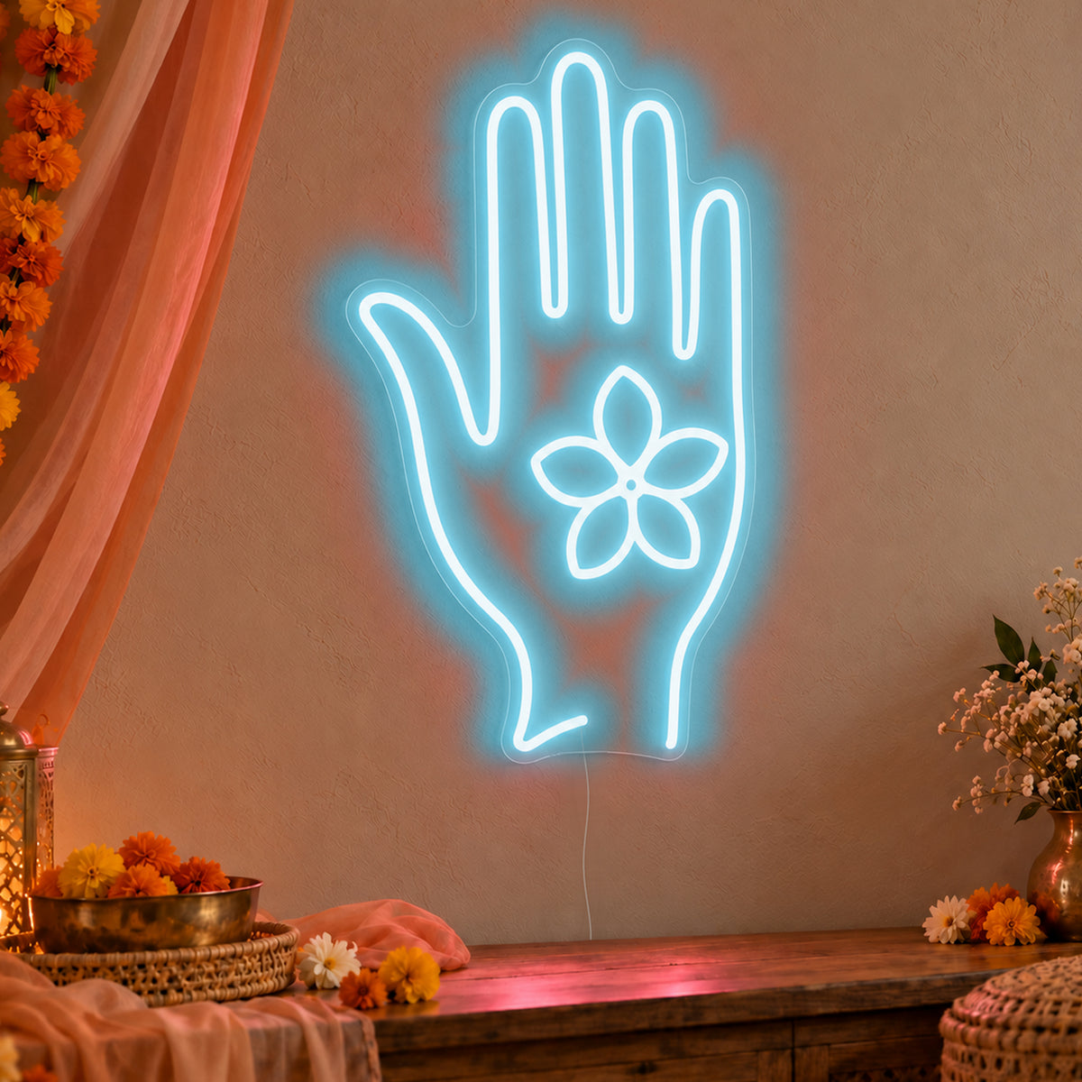 Henna Hand Neon Sign in ice blue LED neon on clear acrylic, angled view