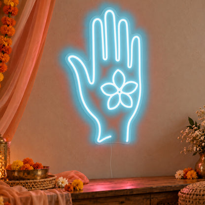 Henna Hand Neon Sign in ice blue LED neon on clear acrylic, angled view