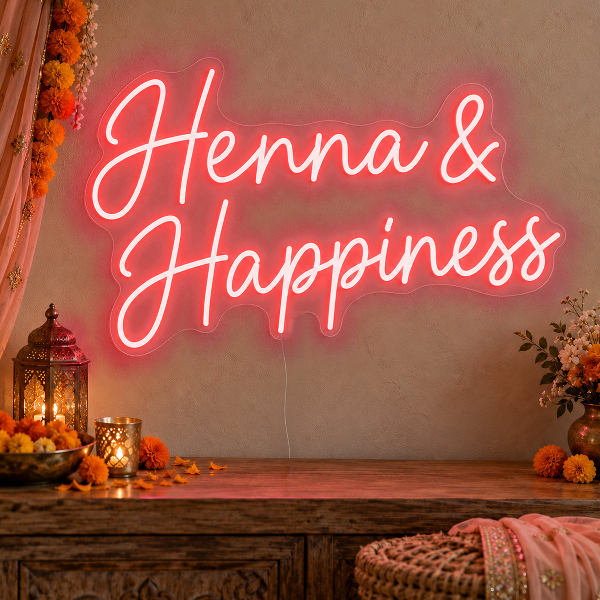 Henna Happiness Neon Sign in red LED neon on clear acrylic, angled view