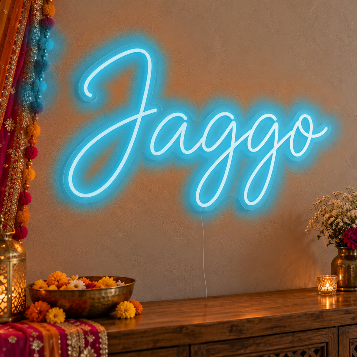 Jaggo Neon Sign in ice blue LED neon on clear acrylic, angled view
