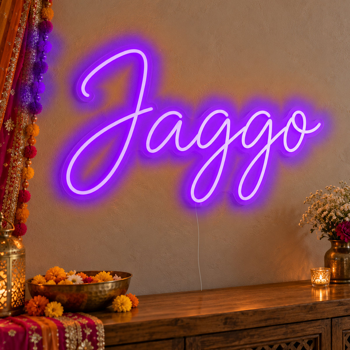 Jaggo Neon Sign in purple LED neon on clear acrylic, angled view