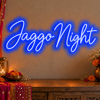 Jaggo Night Neon Sign in blue LED neon on clear acrylic, angled view