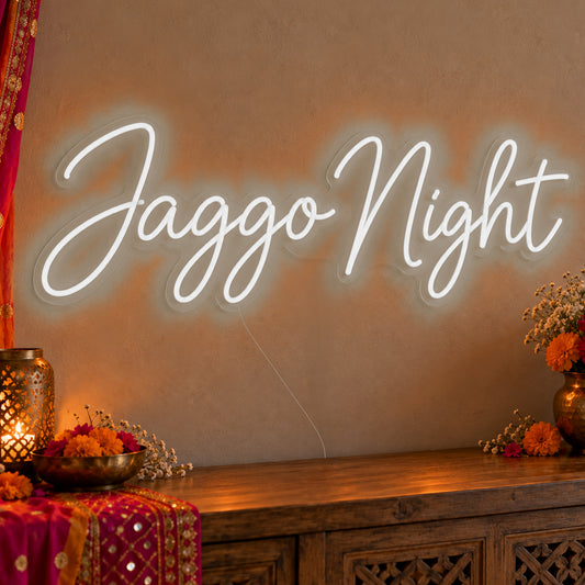 Jaggo Night Neon Sign in white LED neon on clear acrylic, angled view