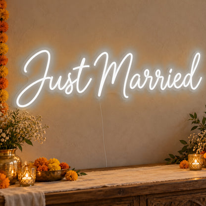 Just Married Neon Sign in white LED neon on clear acrylic, angled view
