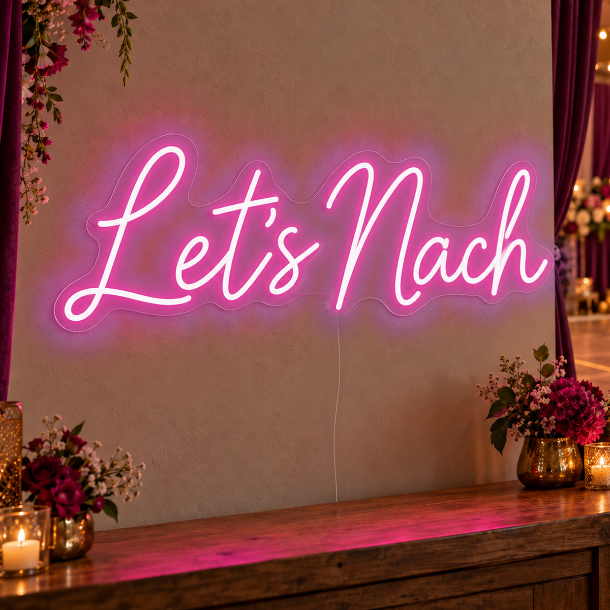 Let’s Nach Neon Sign in pink LED neon on clear acrylic, angled view