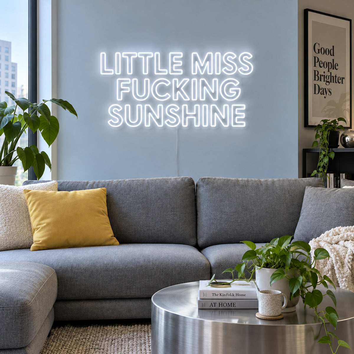 Little Miss Fucking Sunshine Neon Sign, RGB colour-changing option shown in white above a grey sofa with yellow cushions.
