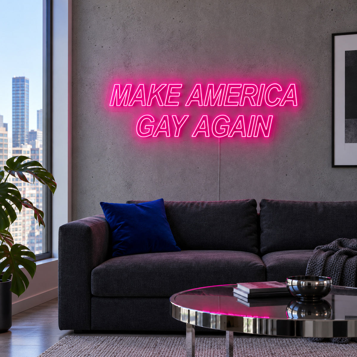 Rose Red version of the Make America Gay Again Neon Sign, shown above a charcoal sofa.
