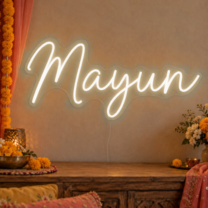 Mayun Neon Sign in warm white LED neon on clear acrylic, angled view