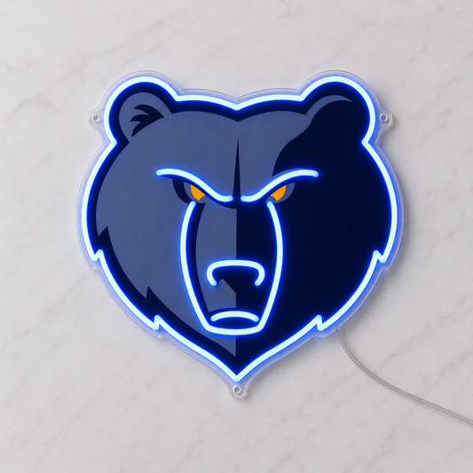 Memphis Grizzlies LED neon sign with grizzly bear logo glowing blue on a marble wall