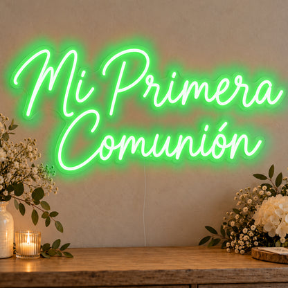 Mi Primera Comunión Neon Sign in green LED neon on clear acrylic, angled view