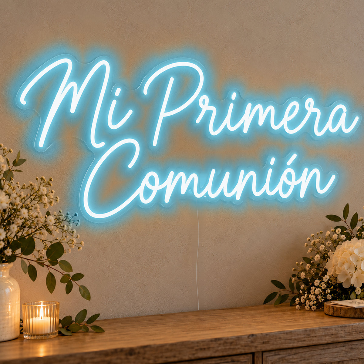 Mi Primera Comunión Neon Sign in ice blue LED neon on clear acrylic, angled view