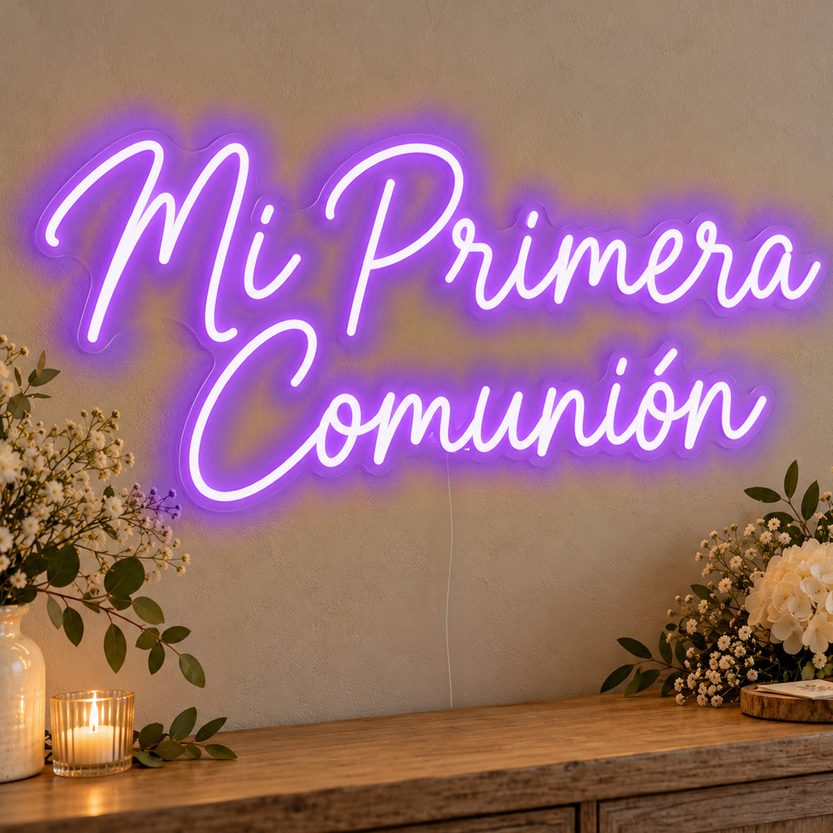 Mi Primera Comunión Neon Sign in purple LED neon on clear acrylic, angled view