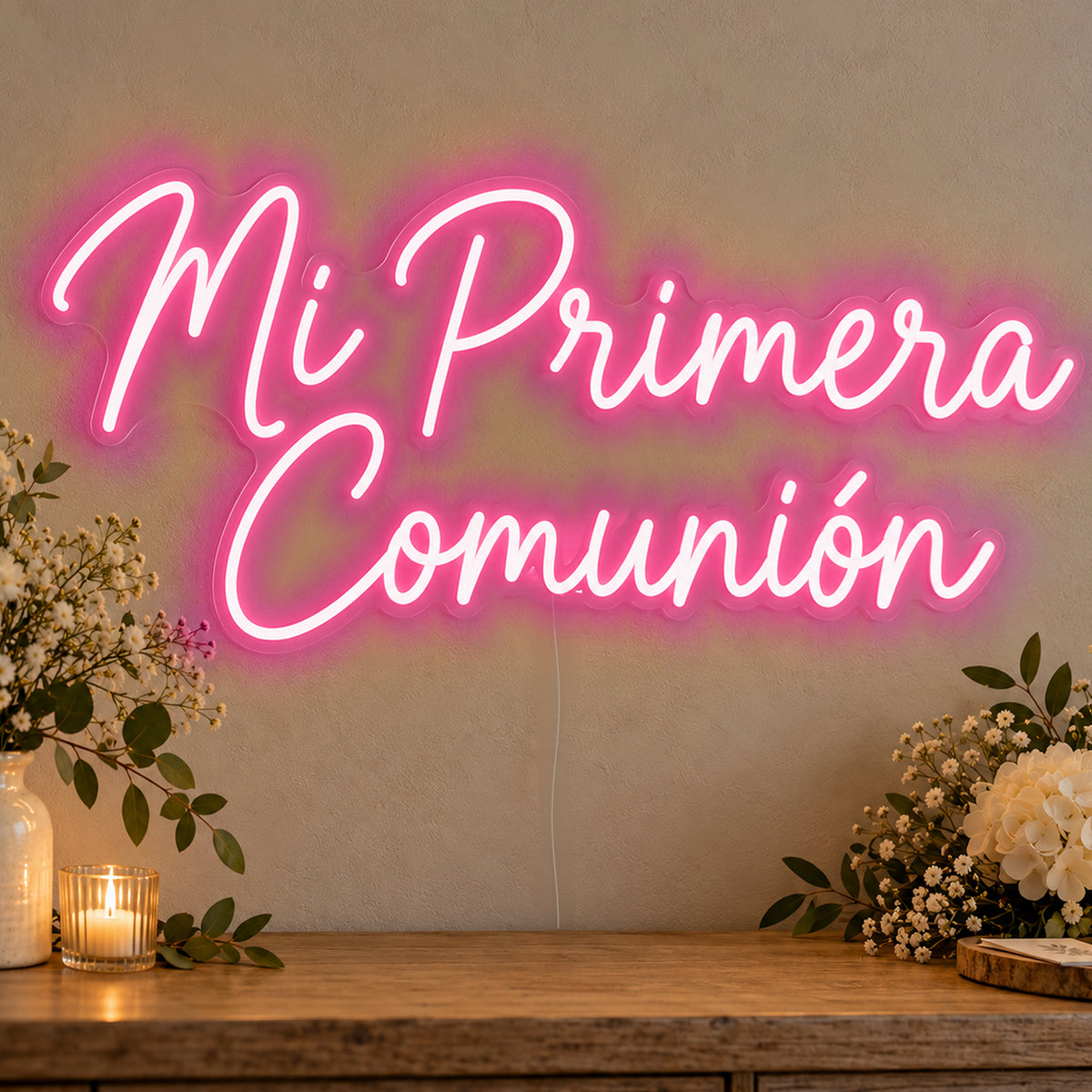 Mi Primera Comunión Neon Sign in rose red LED neon on clear acrylic, angled view