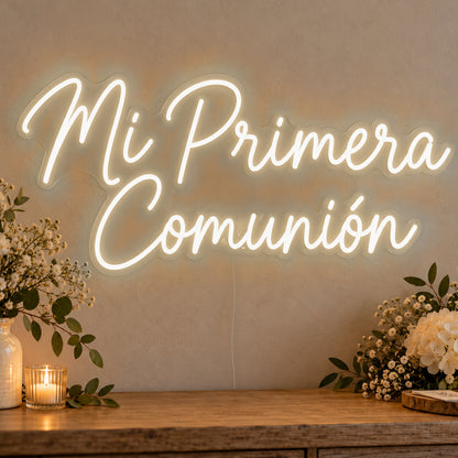 Mi Primera Comunión Neon Sign in warm white LED neon on clear acrylic, angled view