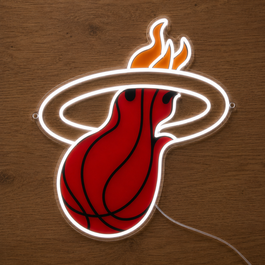 Miami Heat LED neon sign with flaming basketball logo glowing on a timber wall