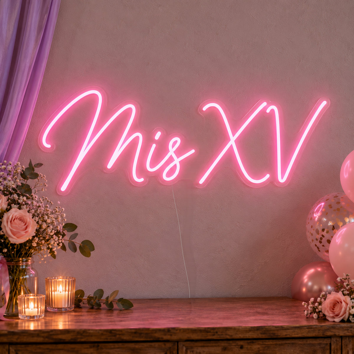 Mis Xv Neon Sign on clear cut-to-shape acrylic, illuminated on a wall in a styled celebration setting