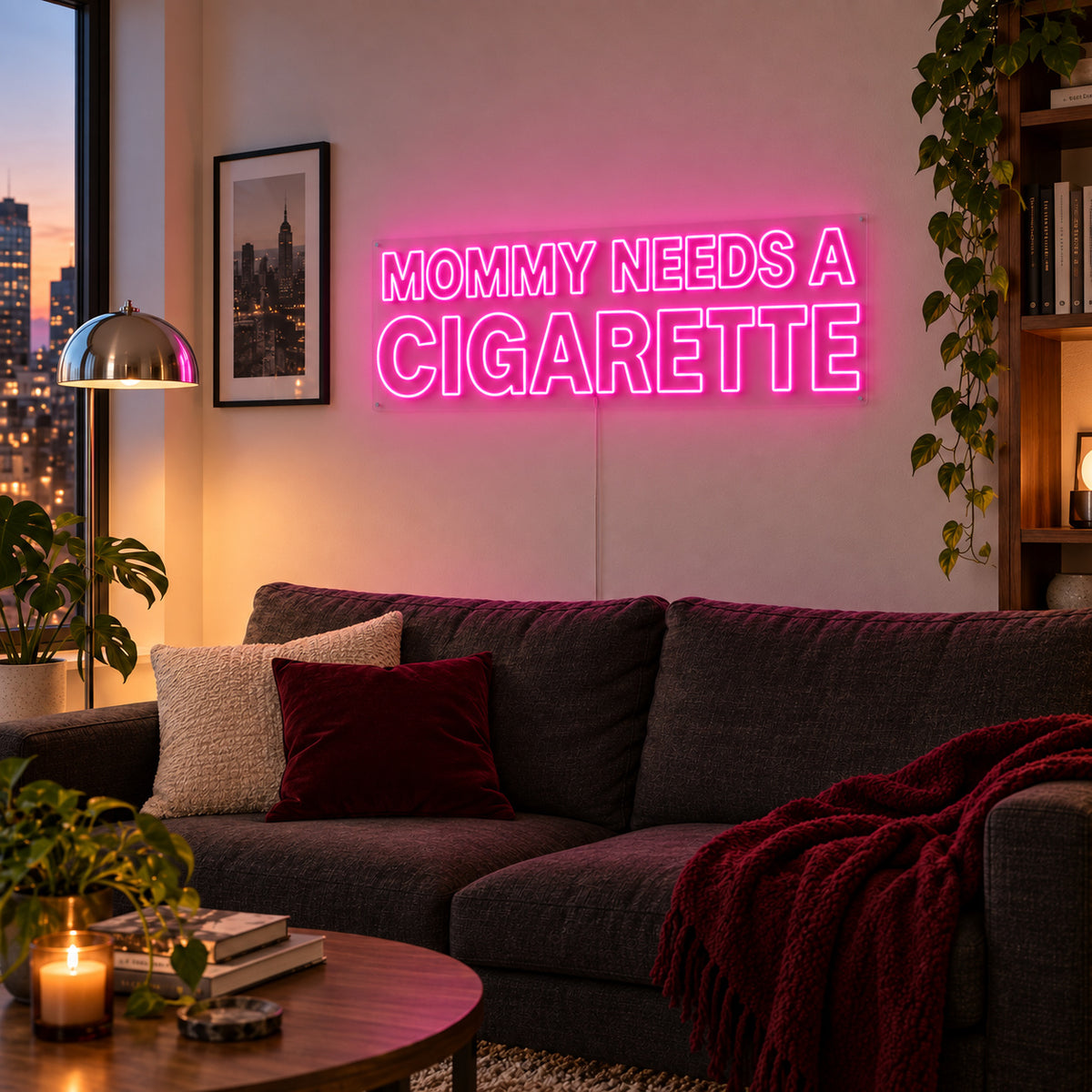 Mommy Needs A Cigarette Neon Sign glowing pink above a brown sofa.