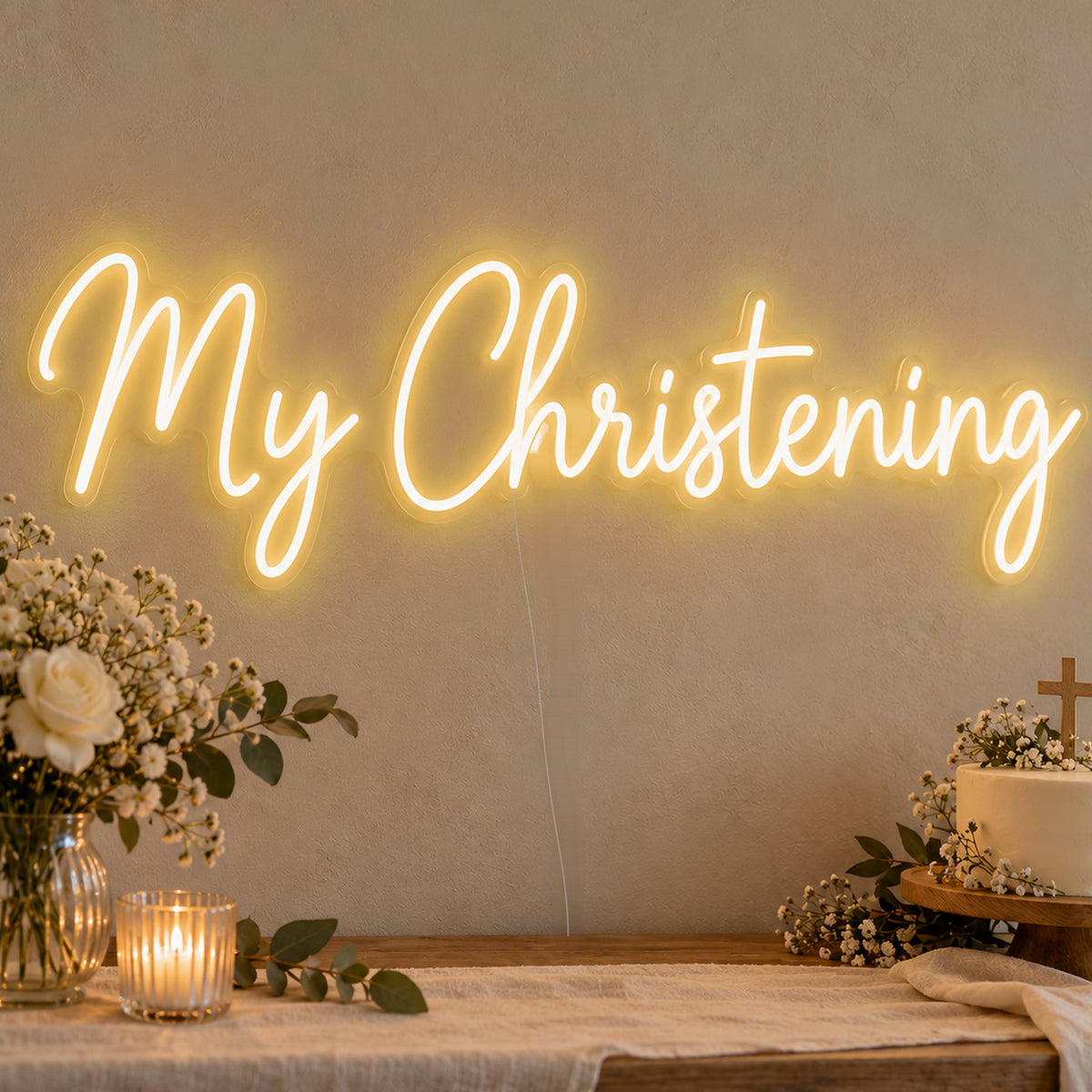 My Christening Neon Sign in gold LED neon on clear acrylic, angled view