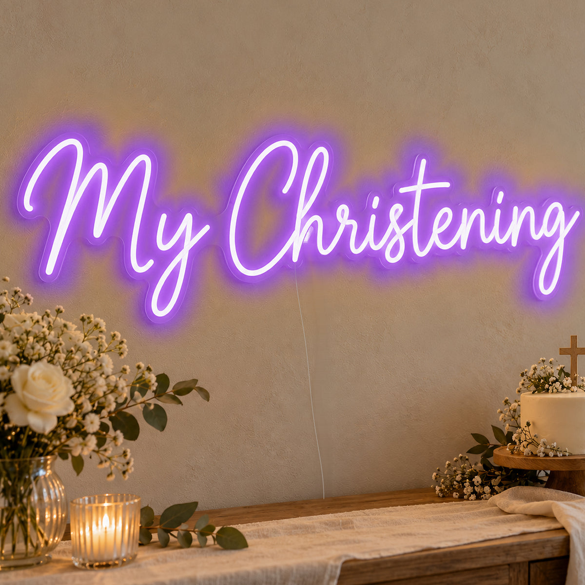 My Christening Neon Sign in purple LED neon on clear acrylic, angled view