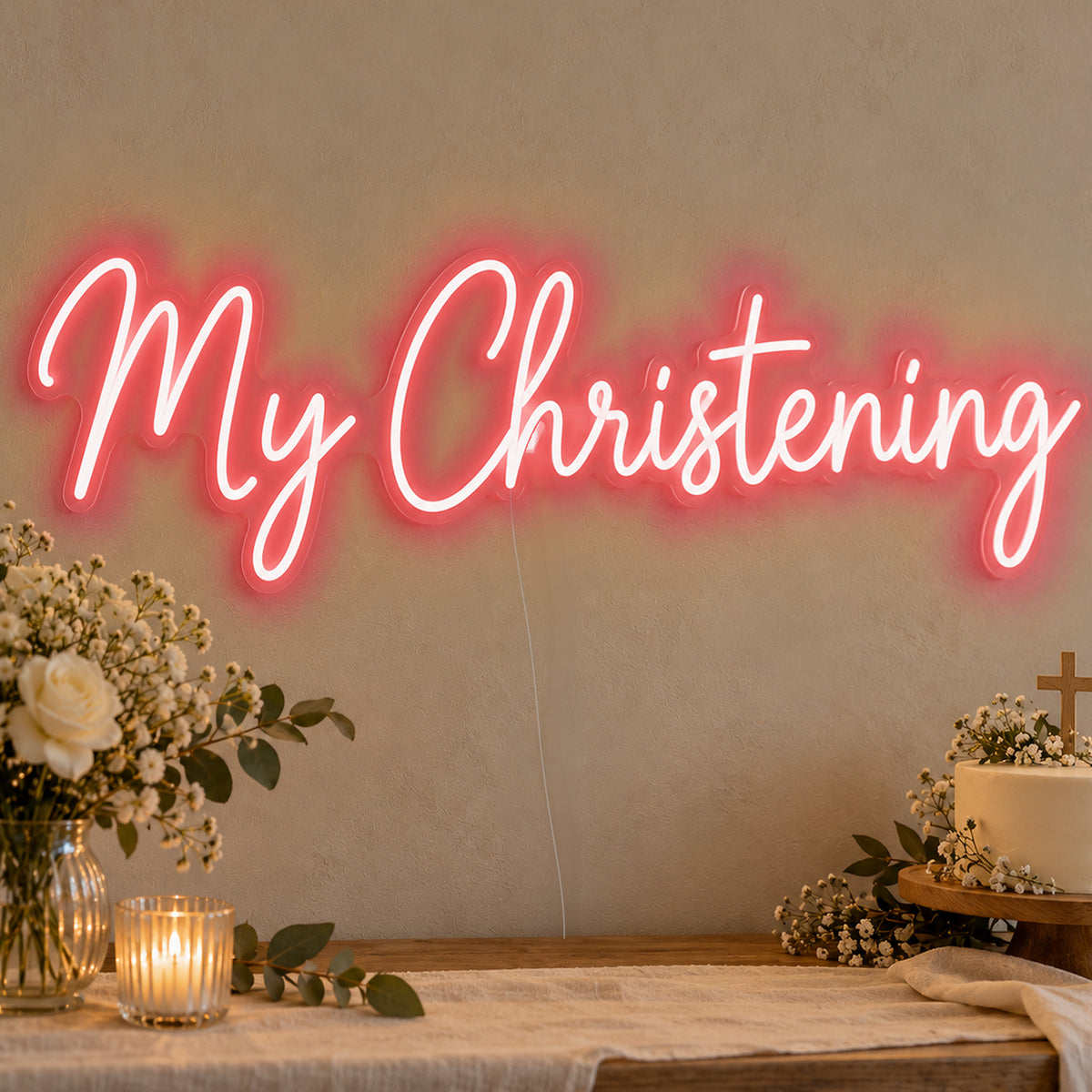 My Christening Neon Sign in red LED neon on clear acrylic, angled view