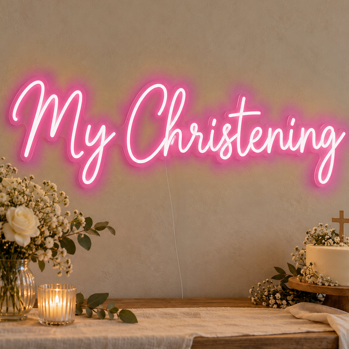 My Christening Neon Sign in rose red LED neon on clear acrylic, angled view