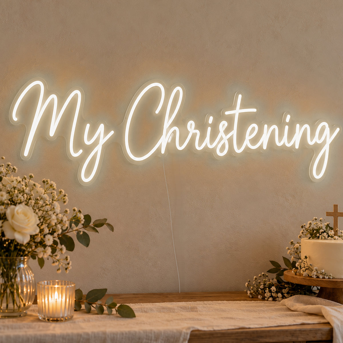 My Christening Neon Sign in warm white LED neon on clear acrylic, angled view