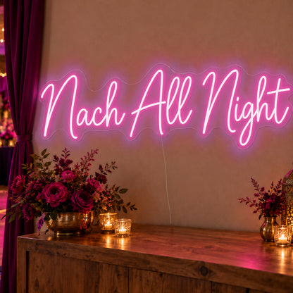 Nach All Night Neon Sign in pink LED neon on clear acrylic, angled view