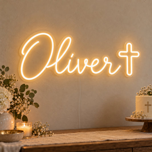 Personalised Name Cross Neon Sign on clear cut-to-shape acrylic in an illuminated wall display; example personalisation shown.
