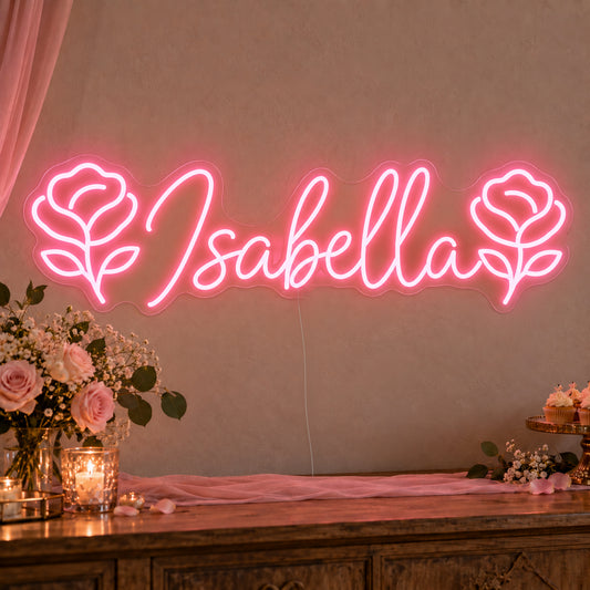 Personalised Name Roses Neon Sign on clear cut-to-shape acrylic in an illuminated wall display; example personalisation shown.
