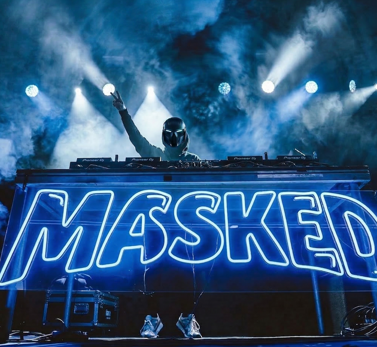 Blue MASKED LED neon sign across a DJ booth, shown as custom sign inspiration for Tea Tree Gully.