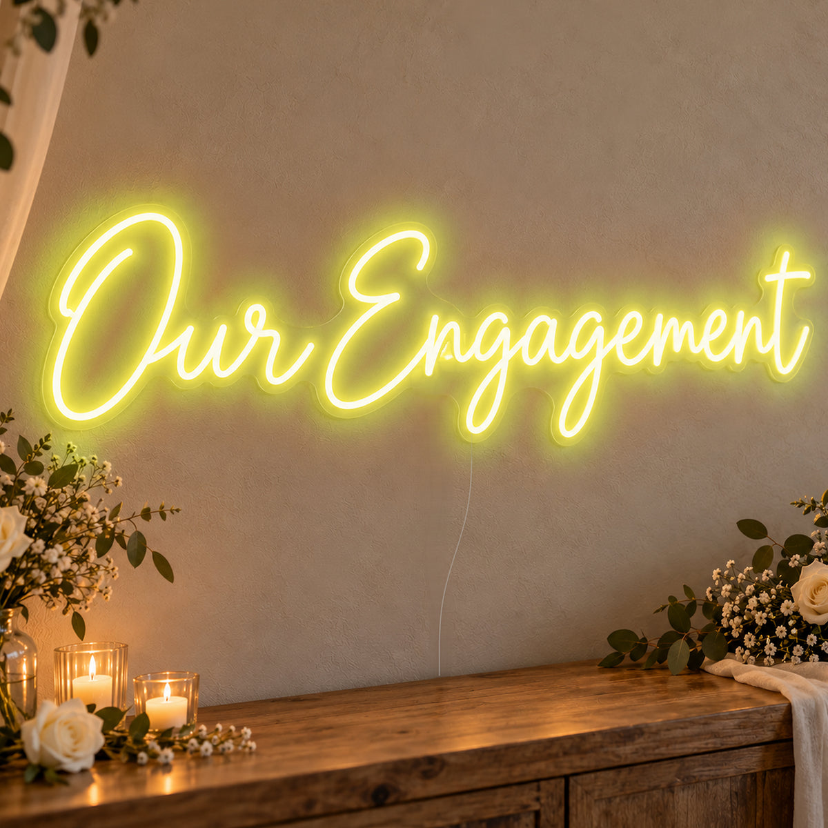 Our Engagement Neon Sign in yellow LED neon on clear acrylic, angled view