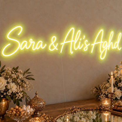 Personalised Aghd Neon Sign in yellow LED neon on clear acrylic, angled view