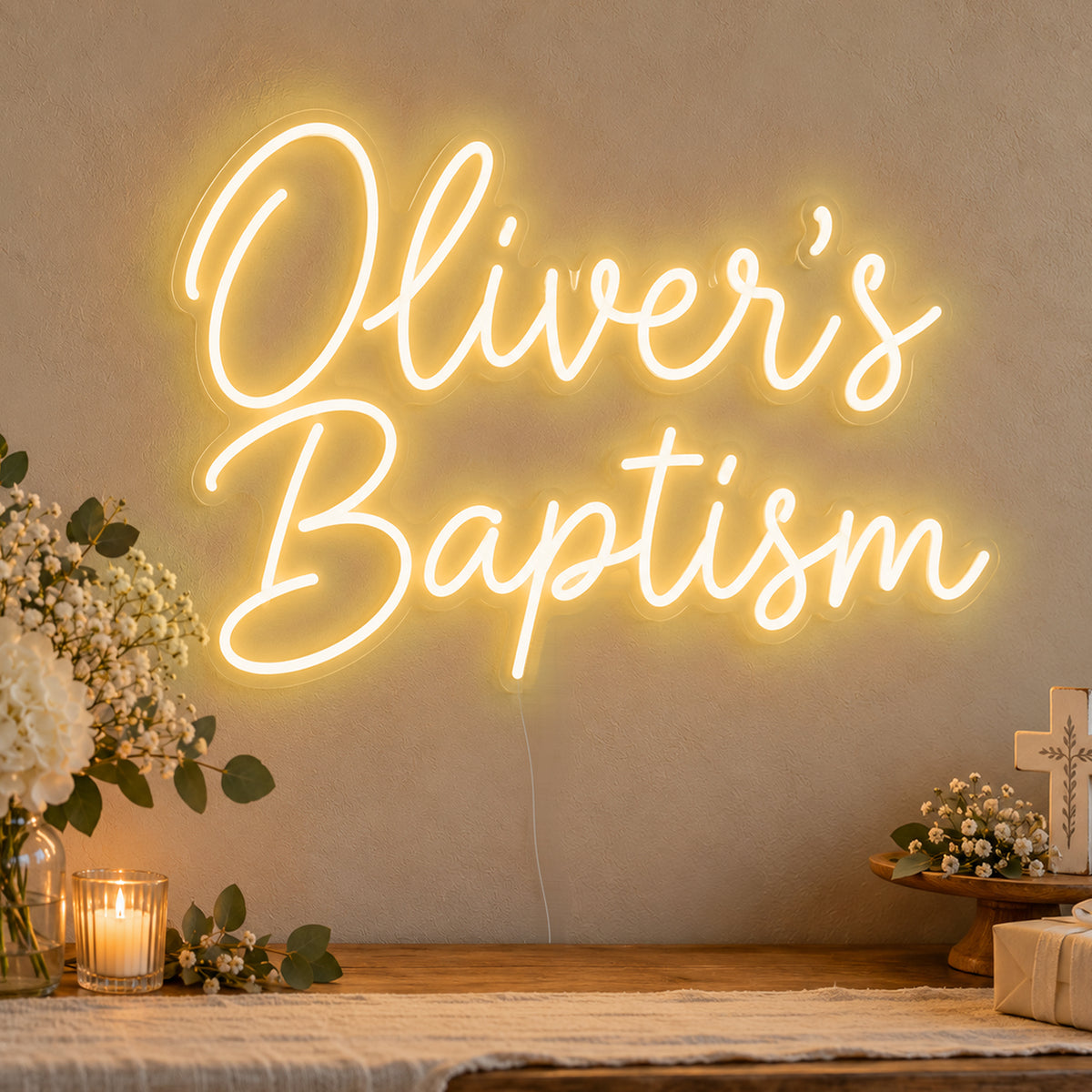 Personalised Baptism Neon Sign in gold LED neon on clear acrylic, angled view