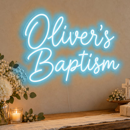 Personalised Baptism Neon Sign in ice blue LED neon on clear acrylic, angled view
