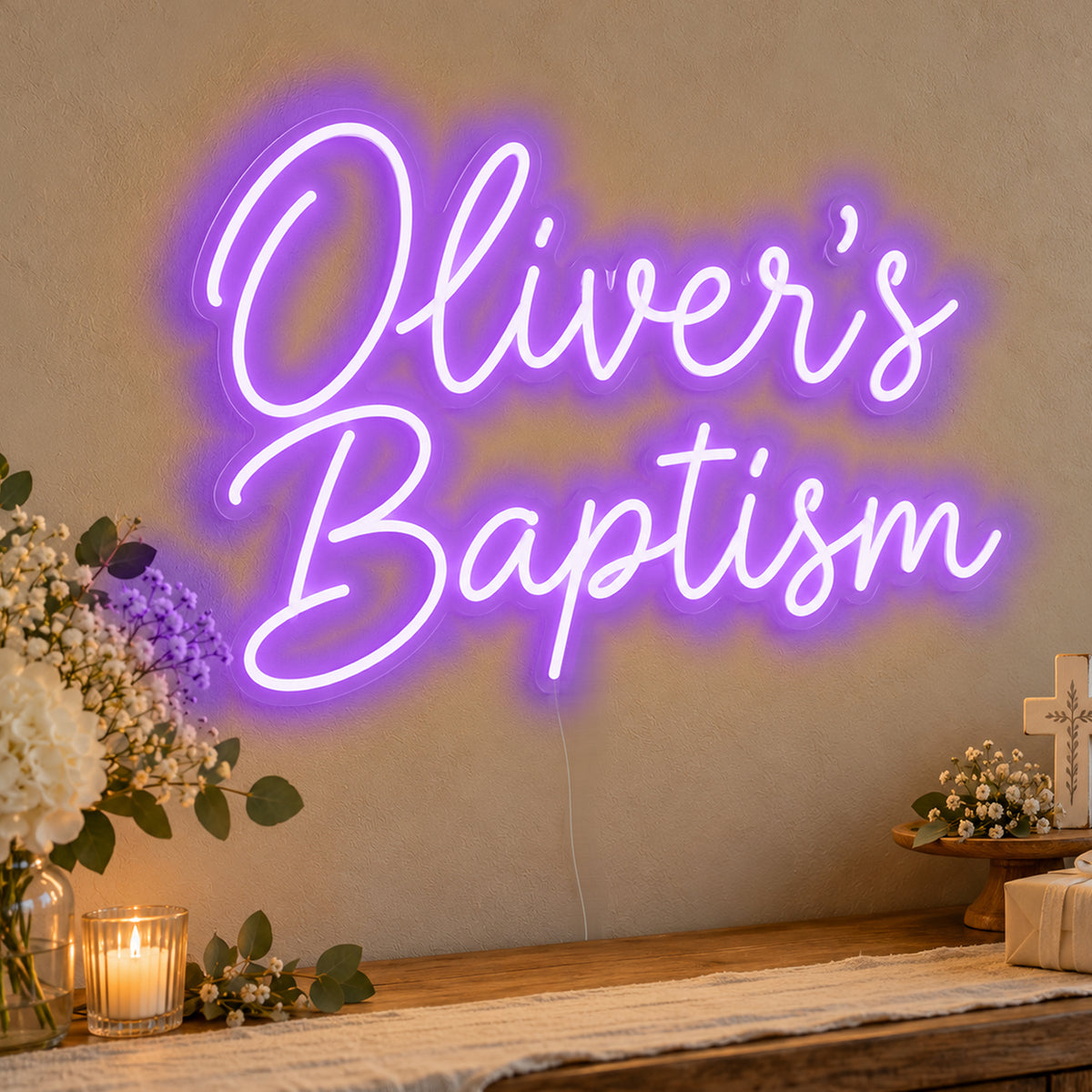 Personalised Baptism Neon Sign in purple LED neon on clear acrylic, angled view