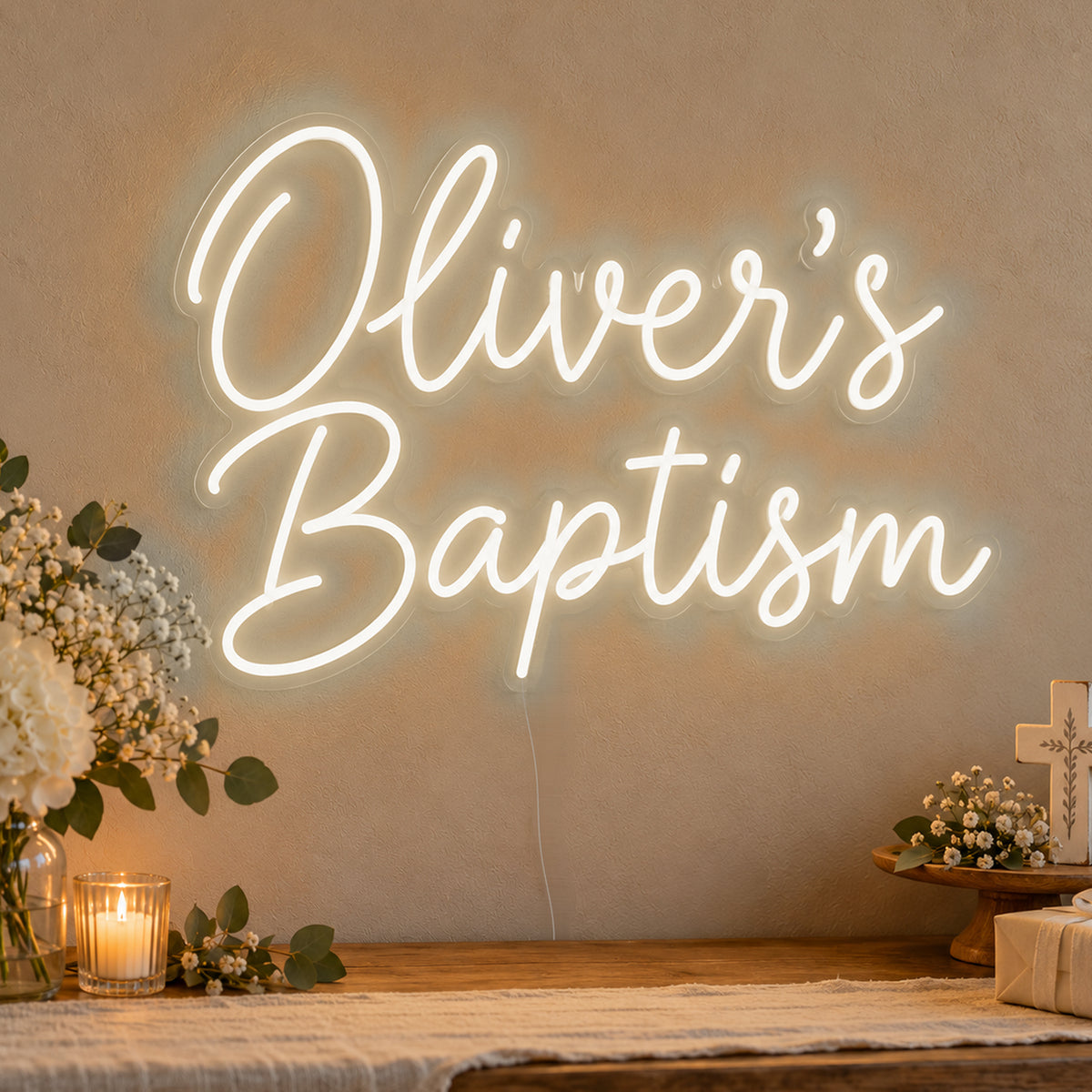 Personalised Baptism Neon Sign in warm white LED neon on clear acrylic, angled view
