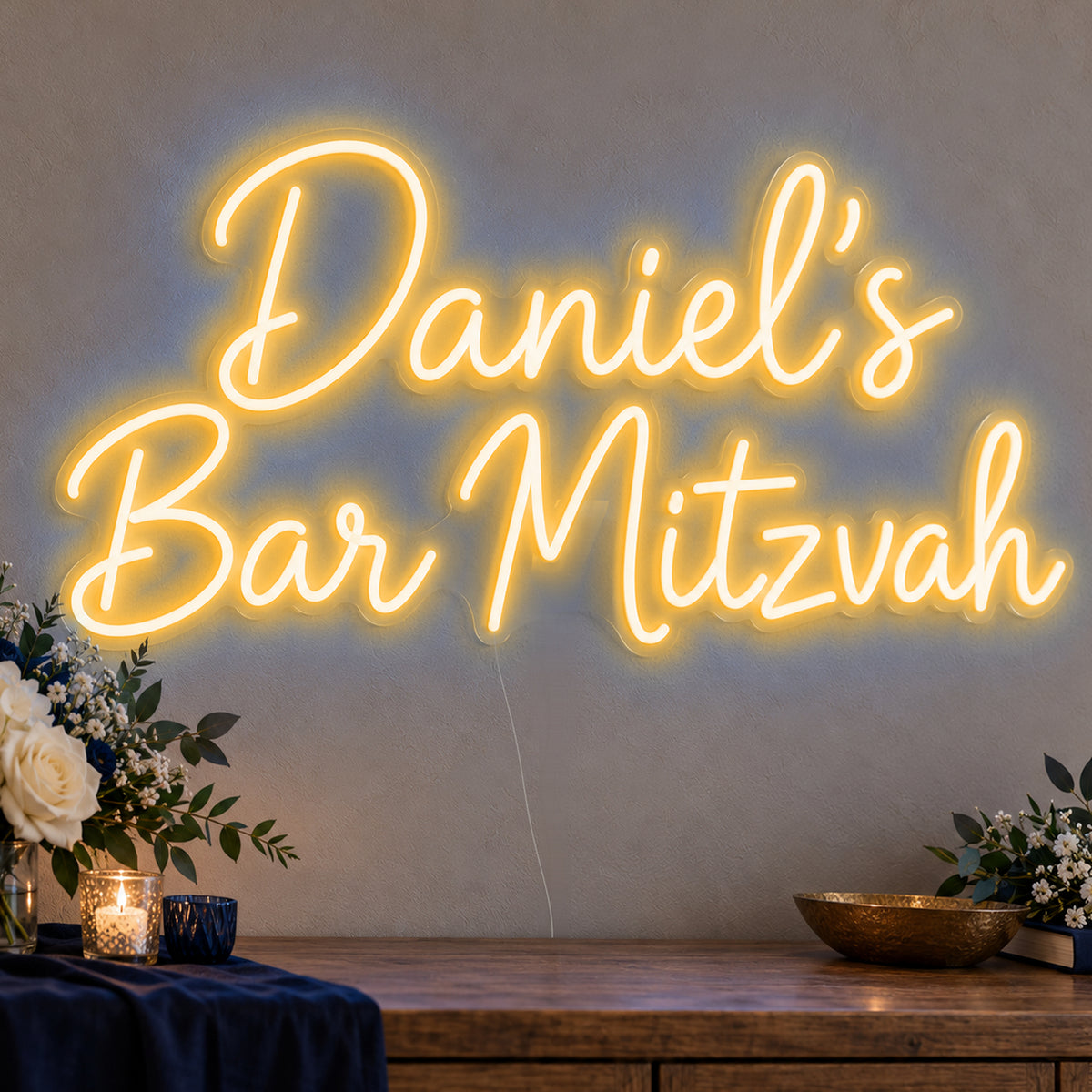 Personalised Bar Mitzvah Neon Sign in gold LED neon on clear acrylic, angled view