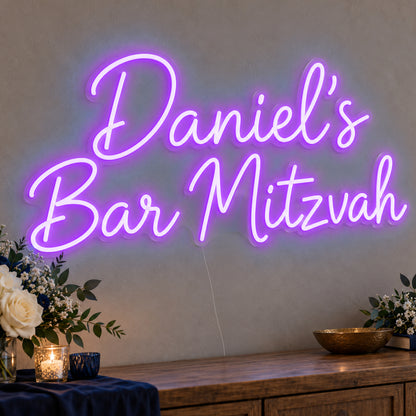Personalised Bar Mitzvah Neon Sign in purple LED neon on clear acrylic, angled view