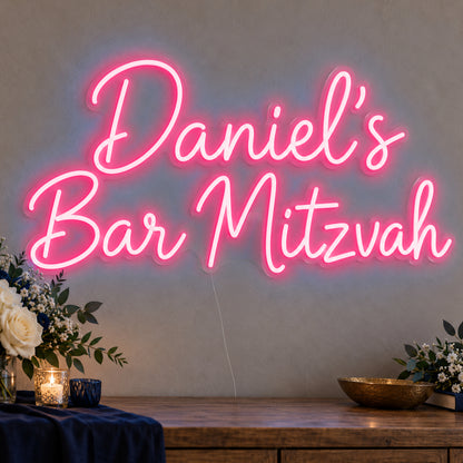Personalised Bar Mitzvah Neon Sign in rose red LED neon on clear acrylic, angled view