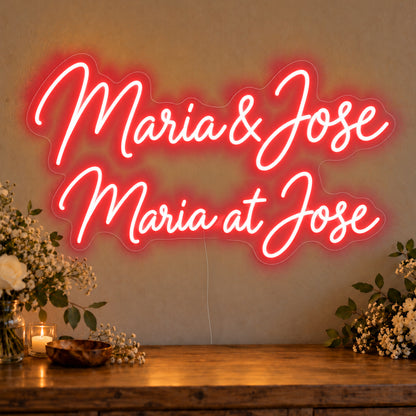 Personalised Bilingual Filipino Names Neon Sign in red LED neon on clear acrylic, angled view