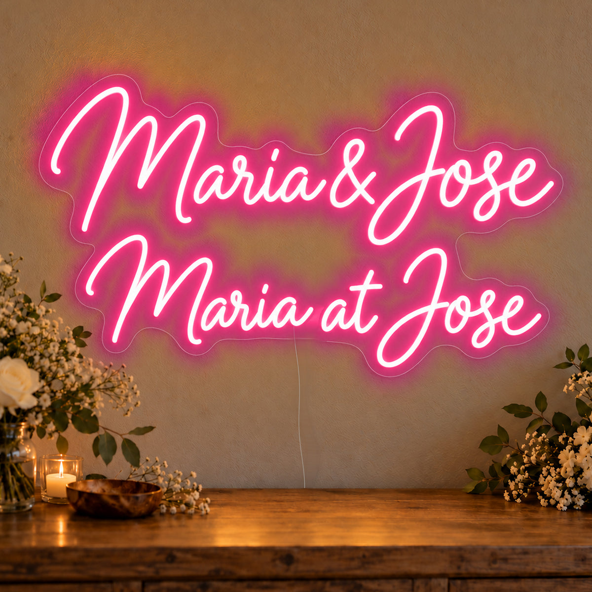 Personalised Bilingual Filipino Names Neon Sign in rose red LED neon on clear acrylic, angled view